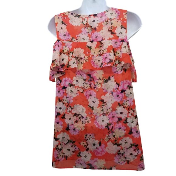 Cabi S Orange Floral LUSH Top Cold Shoulder Chiffon Sheer 5352 V Neck - Picture 3 of 8